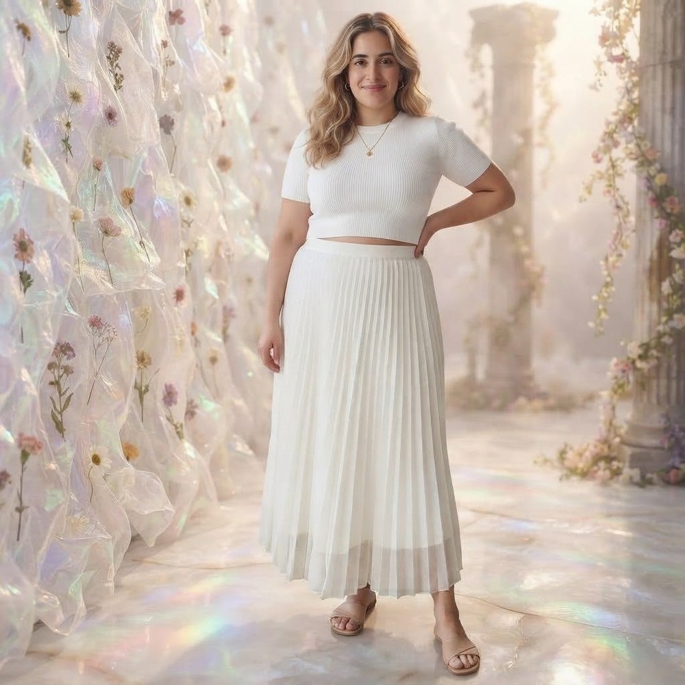 Vintage Pleated Maxi Skirt XL Ivory Chiffon Flowy Ethereal Elegant Romantic Chic